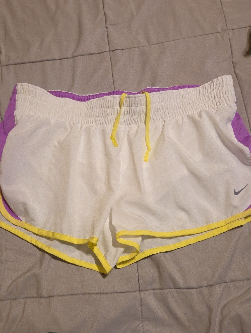 Nike White Athletic Shorts with Yellow Trim and Purple Panels